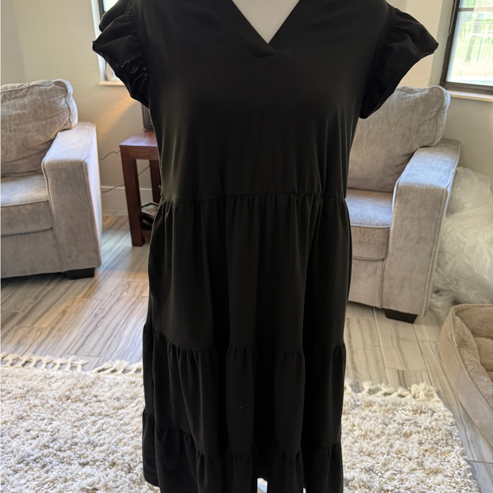 Black Tiered V-Neck Dress